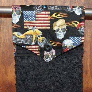 AMERICAN FLAG, MOTORCYCLE, SKULL HANDMADE HANGING KITCHEN BLACK COTTON HANDTOWEL